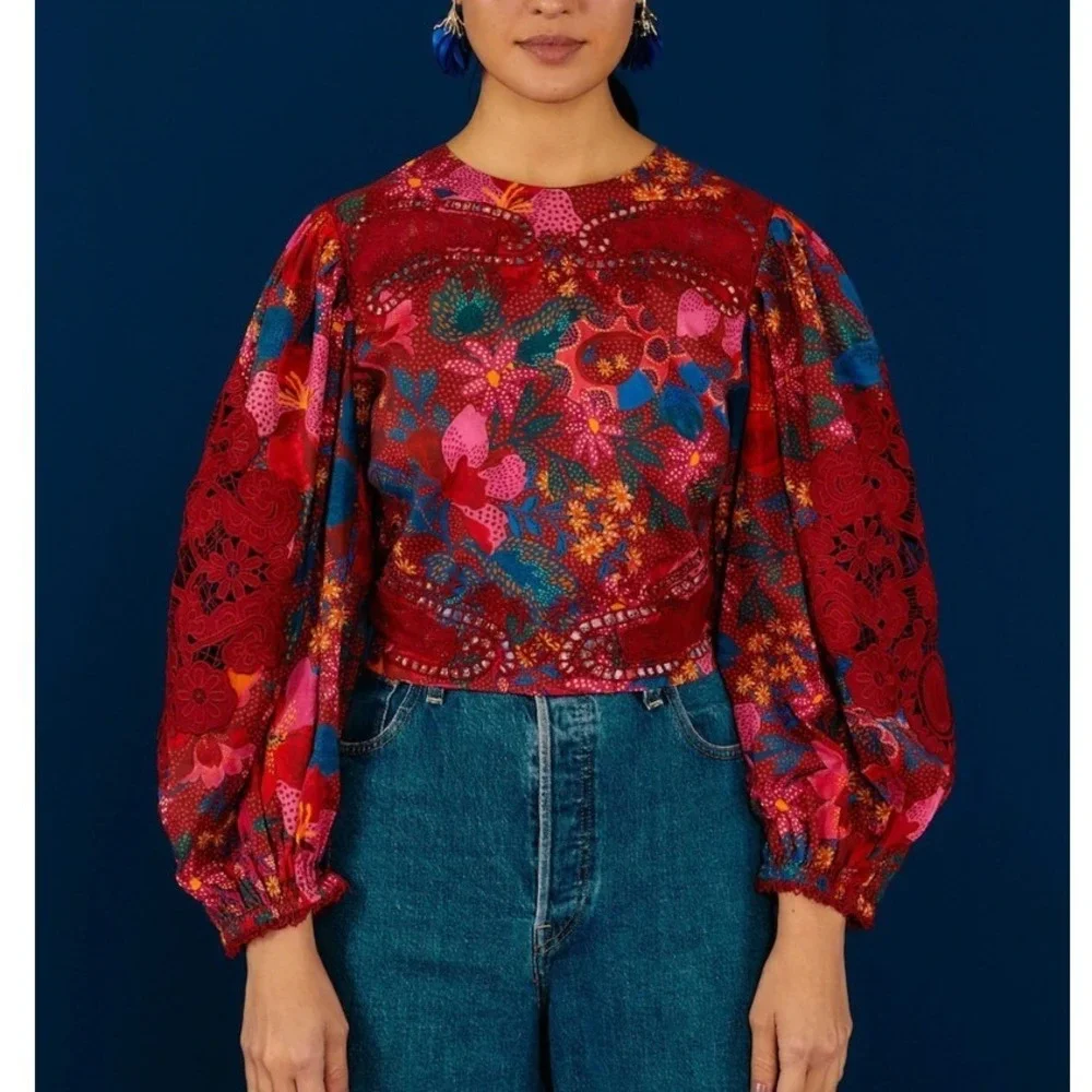 Farm Rio Garden Red Wildlife Blouse XL 100% Cotton Puffed Long Sleeve Lace Fall